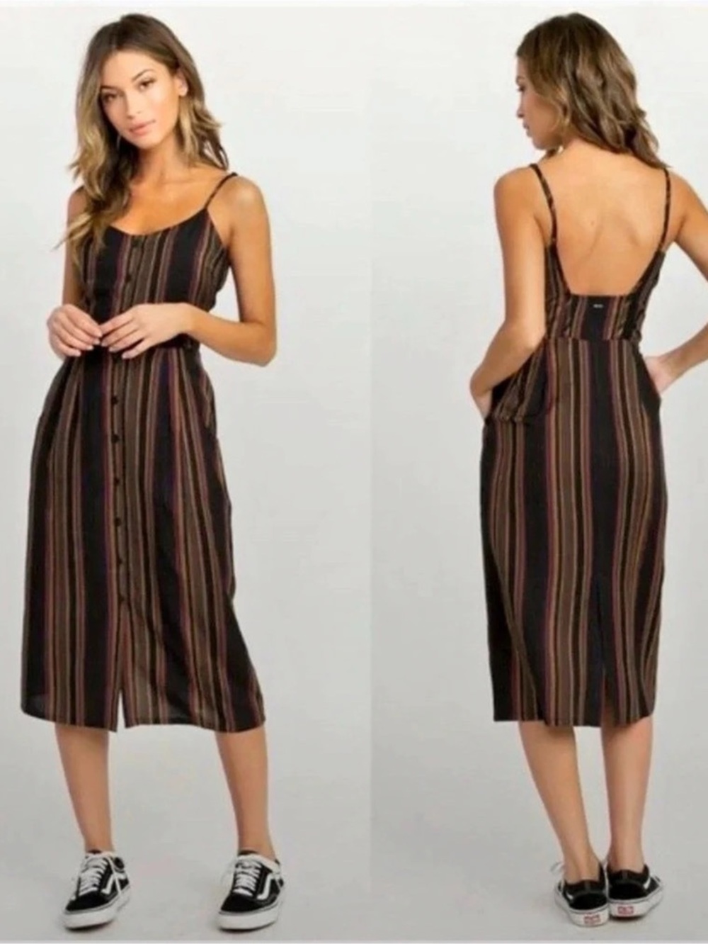 RVCA Medway Black Multi Striped Button-Up Midi Dress Small